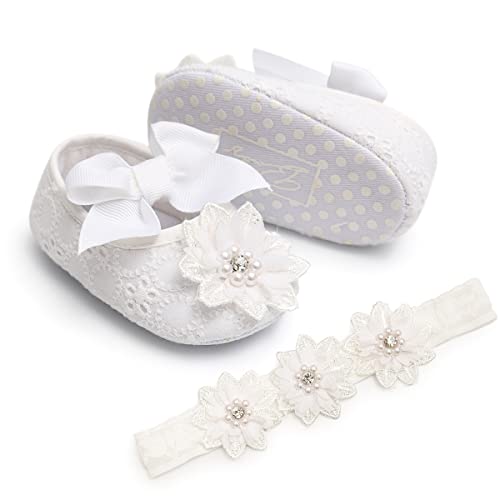 Infant Baby Girl White Shoes Princess Christening Baptism Shoes Bowknot Floral Mary Jane Flats Wedding Dress Shoes With Floral Headband #TOP7