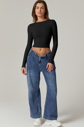 QINSEN Women's Crew Neck Open Back Long Sleeve Basic Crop Tops Stretch Backless Going Out Tee Shirt4