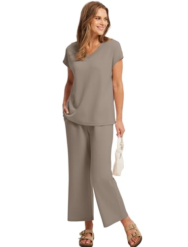 Image of Saloogoe Two Piece Sets for Women Summer Outfits Lounge Sets V Neck Tops Wide Leg Pants Woman Vacation Travel Outfits
