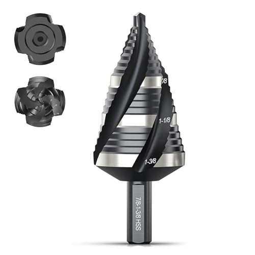 Image of THINKWORK Four Spiral Flute Step Drill Bit, HSS Step Drill Bit3/16-1-3/8 (3 Popular Sizes) Unibit Step Drill Bit, 1/4" Shank Step Bits for Aluminum, Wood, Plastic, Metal