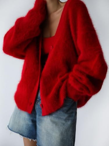 Image of Womens Fuzzy Sweaters Cardigan V-Neck Button Down Oversized Mohair Sweater Casual Y2k 2026 Fall Winter