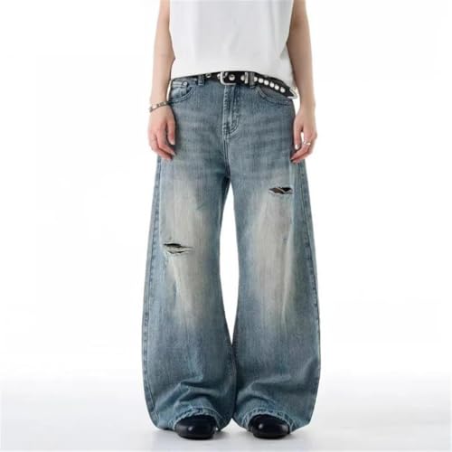 Men's Vintage Denim Pants, Worn-Out Holes, American Style, Wide Leg Trousers2