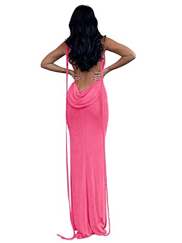 Womens Summer Backless Bodycon Dress Halter Cowl Neck Slip Spaghetti Strap Sexy Cocktail Party Maxi Dresses