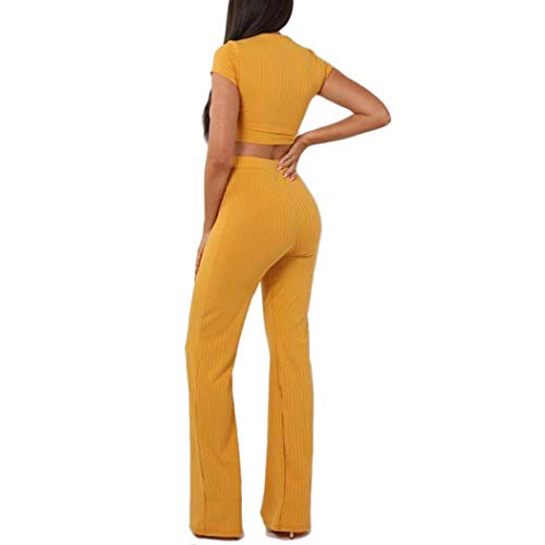 Image of Women's 2 Piece Outfits Set Ribbed Short Sleeve Casual Crop Top Wide Leg Pants Suit Set