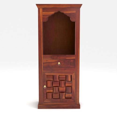 Image of Solid Sheesham Wood Temple for Home & Office /Mandir /God Stand /Pooja Stand /Home Mandap /Mandapam with Cabinet Doors & Multiple Storage /Shelf with Drawers (Honey TmN, 23x15x57 inch)