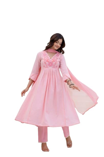 ETHNIFLAIR Women Floral Yoke Design V-Neck Empire Aari Work Pure Cotton Kurta Pant & Dupatta Set - Review, Price and Buying Guide