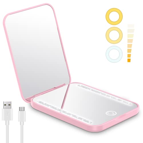 Benbilry Mini Compact Travel Makeup Mirror with Light, Rechargeable Pocket Mirror with 3 LED Dimmable Colors & 1X/3X Magnification, Magnetic Closing Memory Small for Purse, Pink