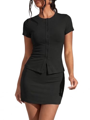 EXLURA Womens Cotton 2 Piece Skort Sets Summer Short Sleeve