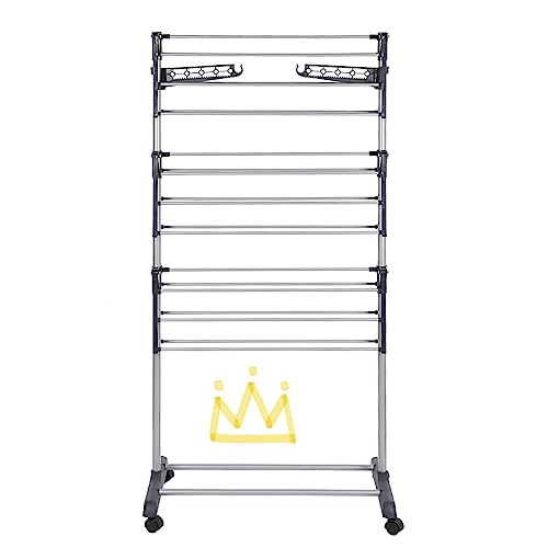 Stendibiancheria pieghevole ad alta capacità con barre in acciaio inox e ali laterali, ampie ruote per asciugare incluse (75 126) x 64 x 170 cm, grigio argento