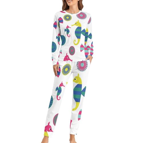 Pyjama femme hippocampe coloré avec t-shirt manches longues et pantalon de nuit