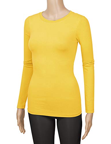 COLOR STORY Womens Junior Basic Solid Multi Colors Slim Fit Long Sleeve Round Neck Top (1100-Yellow, Small)
