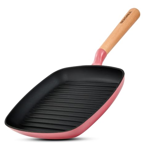 Image of BERGNER Excalibur Lightweight Cast Iron Square Grill Pan 24cm, Sturdy Wooden Handle, Non-Stick Coating, PFAS Free, Perfect Heat Distribution, Elegant Design - Induction Compatible (Pink)