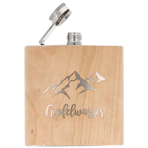 Spruchreif | Flachmann aus Edelstahl mit Gravur | Flachmann aus Holz | Geschenk für Wanderer und Bergsteiger | Wandergeschenk | Gipfelwasser