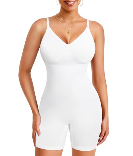 Gotoly Shapewear Bodysuit for Women Tummy Control Seamless Full Body Shaper V-Neck Waist Trainer White Body Suit(White,Medium-Large)