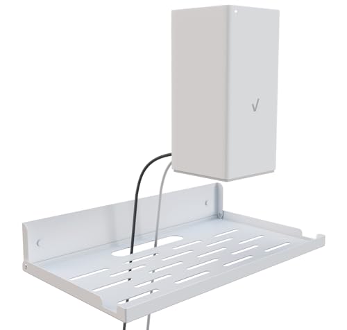 SKIKEN Router Shelf Wall Mount Foldable - 14-inch Floating Metal Shelf w/Cable Hole & Heat Vents - Fold Up Space-Saving Holder for Modem Router/WiFi Fit/Mesh Device & TV Boxes (14' W×8' D, White)