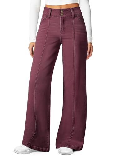 Sidefeel Womens High Waisted Stretchy Wide Leg Jeans Seamed Front Straight Leg Trendy Loose Denim Pants Burgundy Size 14