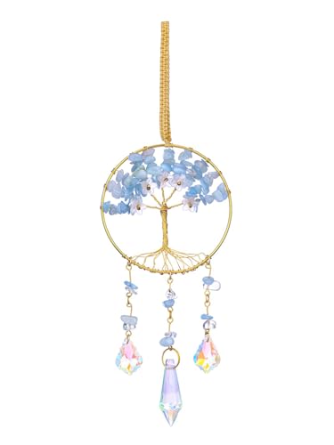 CrystalTears Aquamarine Crystal Flower Tree Life Hanging Ornament, Handmade Healing Crystal Gemstone Glass Suncatcher for Home Garden Window Wall Decoration Gifts for Women Men Friends Christmas