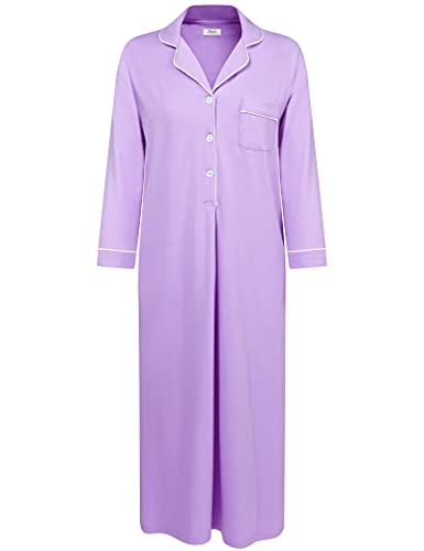 Joyaria Camisón de noche para mujer, de manga larga, monocolor, suave, con botones, longitud completa morado L Cover