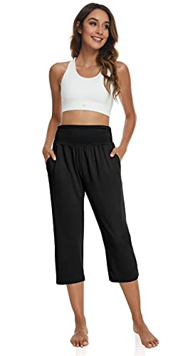 Ueu Women's Plus Size High Waisted Capri Casual Summer Loose Yoga Pants Comfy Lounge Sweat Capris Sweatpants With Pockets(Black,Xl) #TOP3