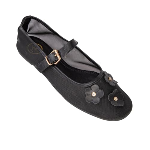Makers Shoes - LEVI 1 - Mary Jane Flats with Flower Appliques, Ballet Style Dress Shoes, Black Silver Gold