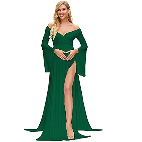 JustVH Maternity Wrap Off Shoulder V Neck Flare Sleeves Maxi Photography Dress Side Split Gown for Photoshoot Cover