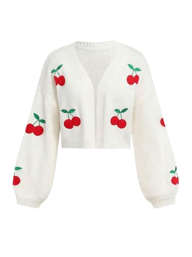 SHENHE Girl's Cherry Cardigan Open Front Embroidered Lantern Sleeve Cropped Cardigan Sweater