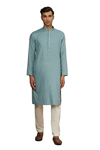 Image of Manyavar Men's Art Silk Checkered Self Design Mandarin Collar Kurta Set (2pcs)