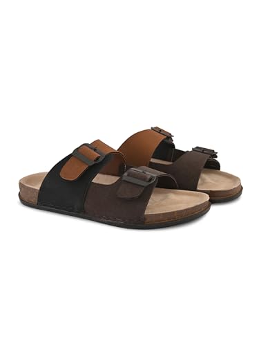 Image of Stanphord Men's Brown & Tan Adjustable Buckle Comfort Sandals | Lightweight Slip-On Open Toe Casual Sandal with Cushioned Footbed & Anti-Slip Sole for, Walking & Summer - TPAI 14827 BROWN-7