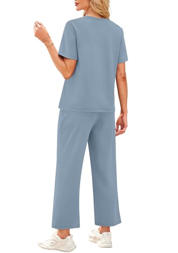 Image of WIHOLL 2 Piece Sets for Women Casual Summer Travel Vacation Outfits Short Sleeve Wide Leg Crop Pants Lounge Sets