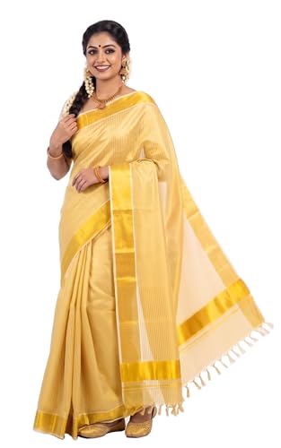 Image of Kerala Traditional Tissue Saree for Women with Running Blouse | South Indian Ethnic Saree for Weddings Onam Vishu Temple Wear & Festivals