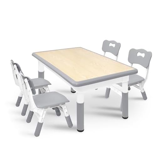 Aufun Kindertisch mit 4 Stühlen Set, Kindersitzgruppe Höhenverstellbar, Tisch Stuhl Set für Kindergarten und Kinderzimmer, Leicht Abwischbarer Maltisch für Klassenzimmer, Plastik Kindermöbel,Grey