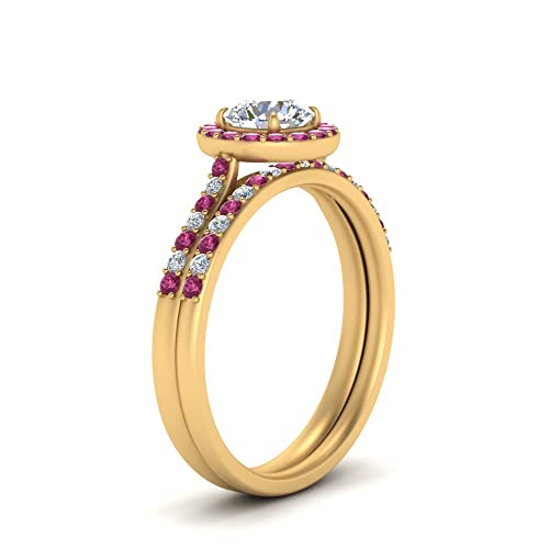 Image of Choose Your Gemstone Round Halo Ring with Matching Pave Band Yellow Gold Plated Round Shape Wedding Ring Sets Everyday Jewelry Wedding Jewelry Handmade Gifts for Wife US Size 4 to 12