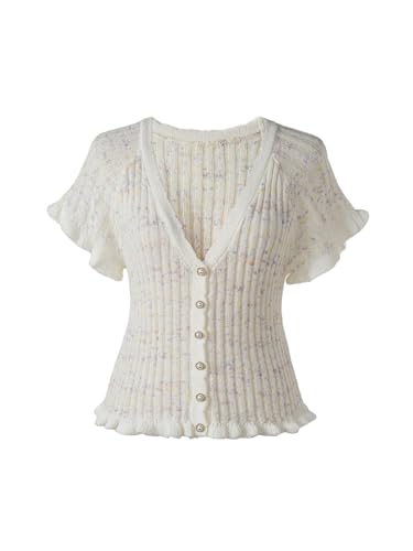 WDIRARA Women's V Neck Button Down Cardigan Sweater Frill Trim Short Sleeve Knitwear