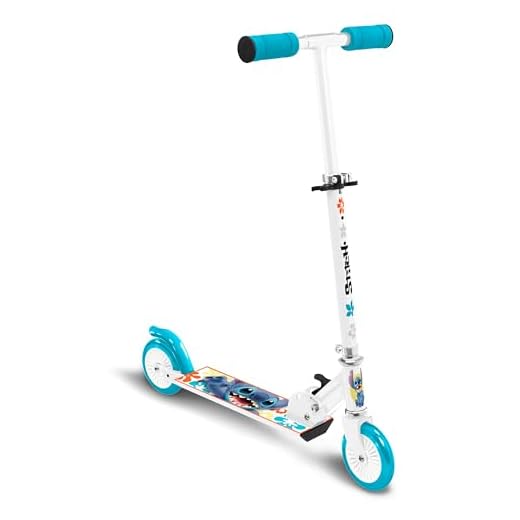 Trottinette Pliable Stitch roulement a Billes ABEC 5 - Frein arrière au Pied - Hauteur Ajustable - Plateau Aluminium antidérapant -poignées Mousse, NC, Bleu