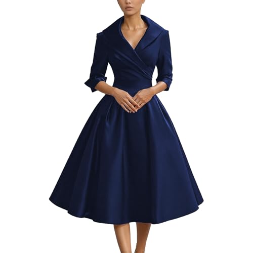 Abendkleid Damen Lang Cocktailkleid im 50er Jahre Stil - Elegantes A-Linien Kleid mit Schalkragen | Oversize Winterkleid weihnachtskleid Swing-Kleid...