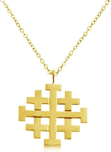 14K Gold Plated 925 Sterling Silver Jerusalem Crusaders Cross 5 Greek Crosses Symbol of the Christ's Religious Charm Pendant Necklace