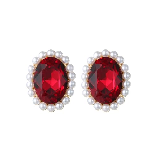 Rosslyons Large Elegant Oval Crystal Stud Earrings Danity Halo Design Faux Pearl Earrings for women Fashion Jewelry Holiday Gifts (Red)