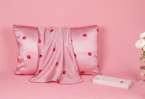 THXSILK シルク枕カバー 苺柄 ピローケース いちご 片面100%シルク 裏面テンセル付き 隠しジッパー 高グレード6A OEKO認証済 洗える 寝癖軽減 美髪・美肌 静電気防止 防ダニ・抗菌 ギフト 子供適用 四季適応 一枚(苺柄-ピンク 43*6