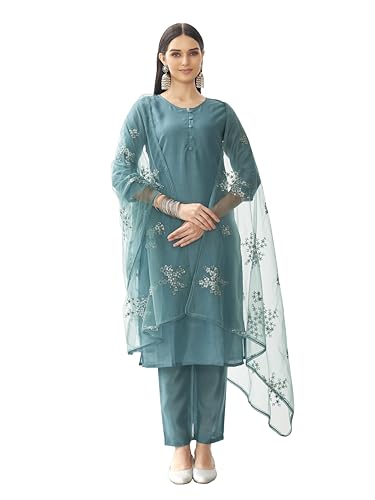 Womanista Women's Blue Color Silk Blend Solid Kurta Set With Embroidered Dupatta(Kurtaset_1337_Xxl)