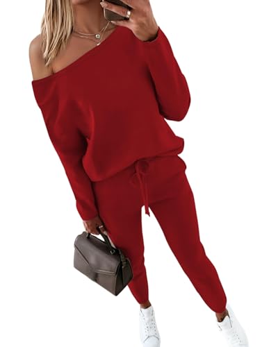CHICME Women Tracksuit 2025 Fall 2 piece Outfits Off The Shoulder Long Sleeve Tops and Pants Set Travel Outfits