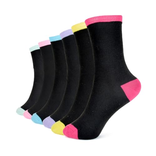 6/12 Pairs Girls Socks Colour Heels & Toes | Silky Soft Crew Socks Kids Girls | Indoor/Outdoor Sports Athletic School PE Wear Everyday Casual | Durable & Quick Drying | Sizes 3-14 Years