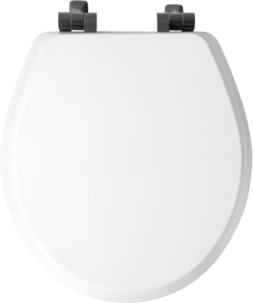 Mayfair Bennett Toilet Seat with Matte Black Hinges, Slow Close Wood Seat, Secure Metal Hinges, Easy Install, Made in USA, Round, White