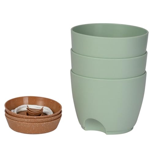 Kznifmk Paquete de 3 Macetas de Riego AutomáTico de 6,5 Pulgadas para Plantas de Interior, Macetas con Orificios de Drenaje y Cuerda de Mecha, Verde