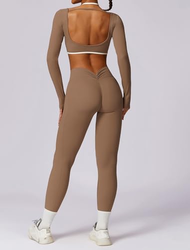 Workout Sets for Women 2 Piece Outfits Seamless High Waist Leggings Yoga Long Sleeve Crop Tops Athletic Gym Sets2