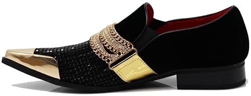 Image of Enzo Romeo Crisino Men Rhinestone Chrome Toe Suede Pointy Buckle Dress Loafer Slip On Shoes