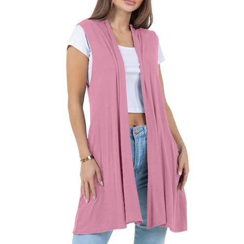 Image of Azules Sleeveless Long Cardigan for Women with Pockets - Lightweight Open Front, Flowy Dressy Layer for Work or Casual Wear