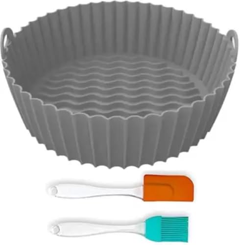 Image of Air Fryer Silicone Tray | Air Fryer Liners I Round Silicone Basket Baking Tray I Pot with Ear Handles I Nonstick Reusable Heat Resistant I Cooking Oven Insert Accessories (Gray +Oil Brush)