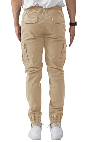 Bohobean Mens Cargo Pants, 100% Cotton Slim Fit Drawstring Casual Pants Hiking Work Sweatpants, Muti-Pockets Jogger For Men Khaki #TOP2