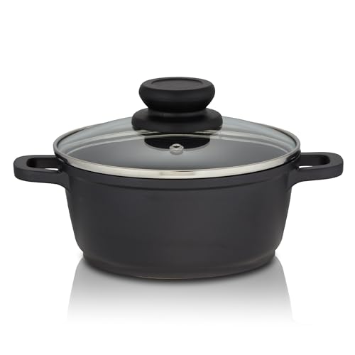 KHG Topf Kochtopf 16 cm Induktion Antihaftbeschichtung Soßentopf Fleischtopf 1,25 Liter | Schwarz Aluminium mit Glasdeckel | Stabile Griffe aus einem Guss | für alle Herdarten geeignet