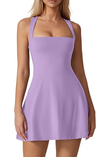 Image of QINSEN Womens Square Neck Tennis Dress Sleeveless Built in Shorts Golf Athletic Dress with Pockets
